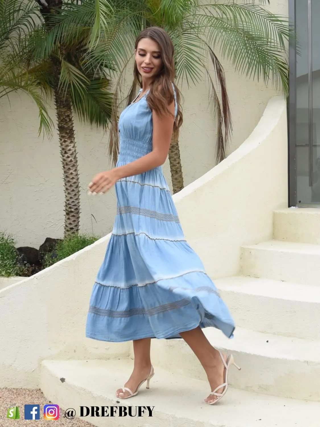 DREFBUFY Women's Maxi Dress Sleeveless Denim Long Summer A-line Casual Blue Cotton Boho Flowy Sundresses for Women