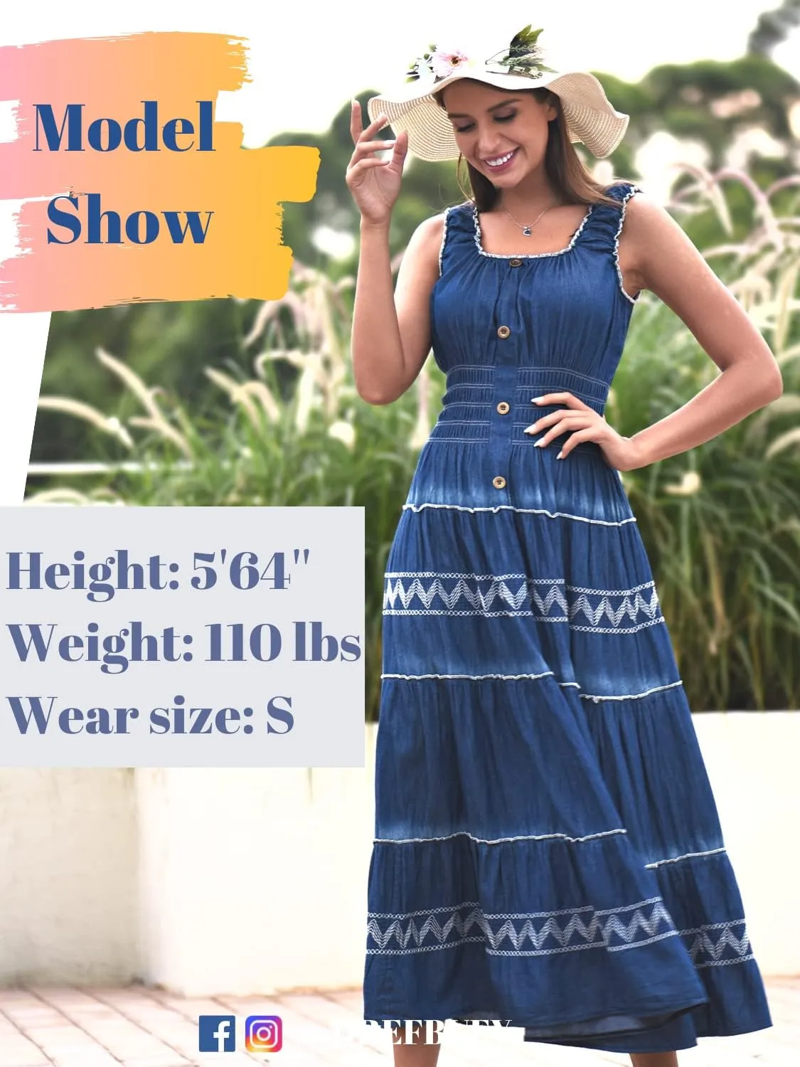 DREFBUFY Women's Maxi Dress Sleeveless Denim Long Summer A-line Casual Blue Cotton Boho Flowy Sundresses for Women