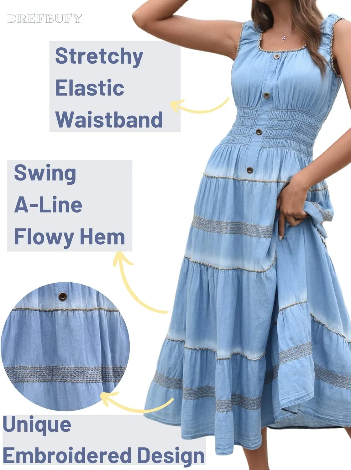 DREFBUFY Women's Maxi Dress Sleeveless Denim Long Summer A-line Casual Blue Cotton Boho Flowy Sundresses for Women