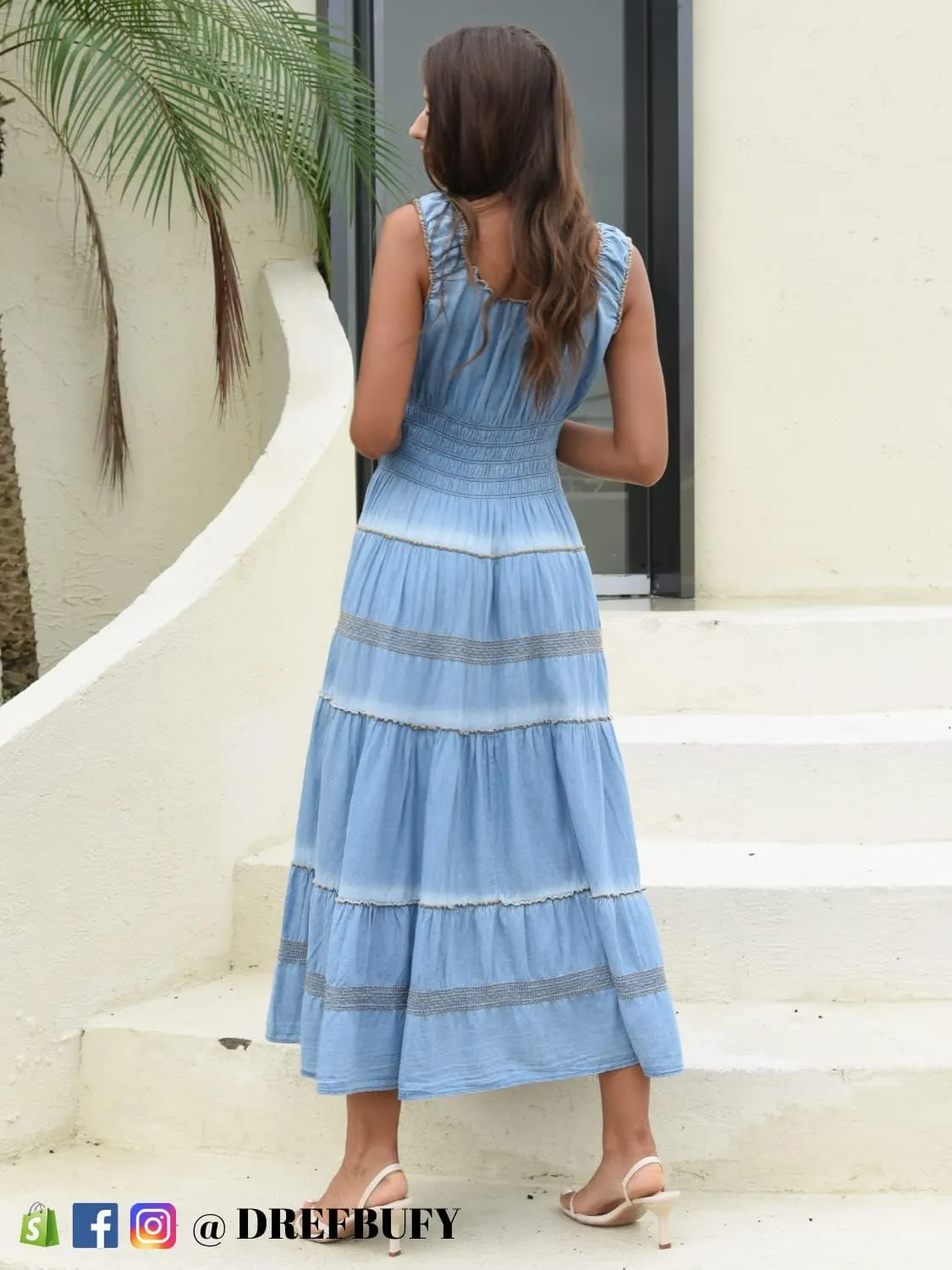 DREFBUFY Women's Maxi Dress Sleeveless Denim Long Summer A-line Casual Blue Cotton Boho Flowy Sundresses for Women