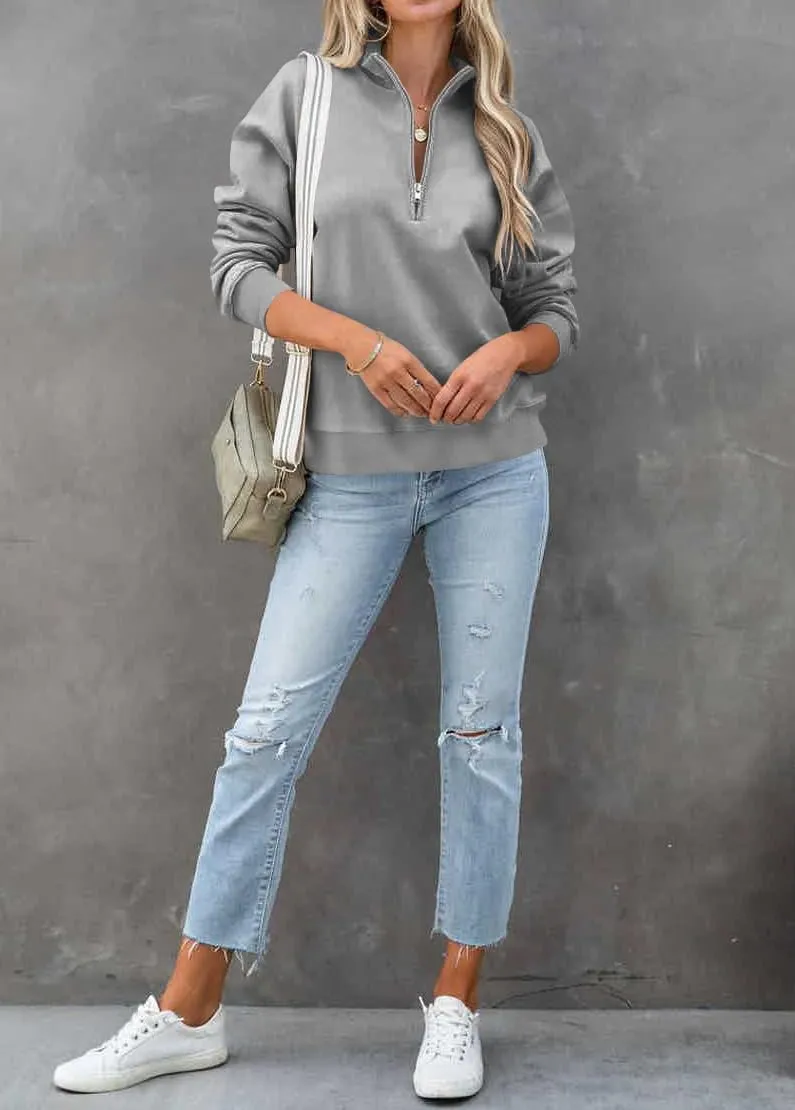 Dressmine Womens Quarter Zip Pullover Casual Long Sleeve Shirts Half Zip Sweatshirt Trendy Clothes