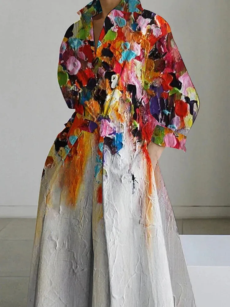 Elegant Lapel Oil Painting One Button Midi Dress