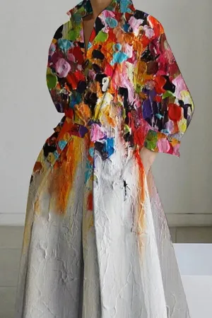 Elegant Lapel Oil Painting One Button Midi Dress