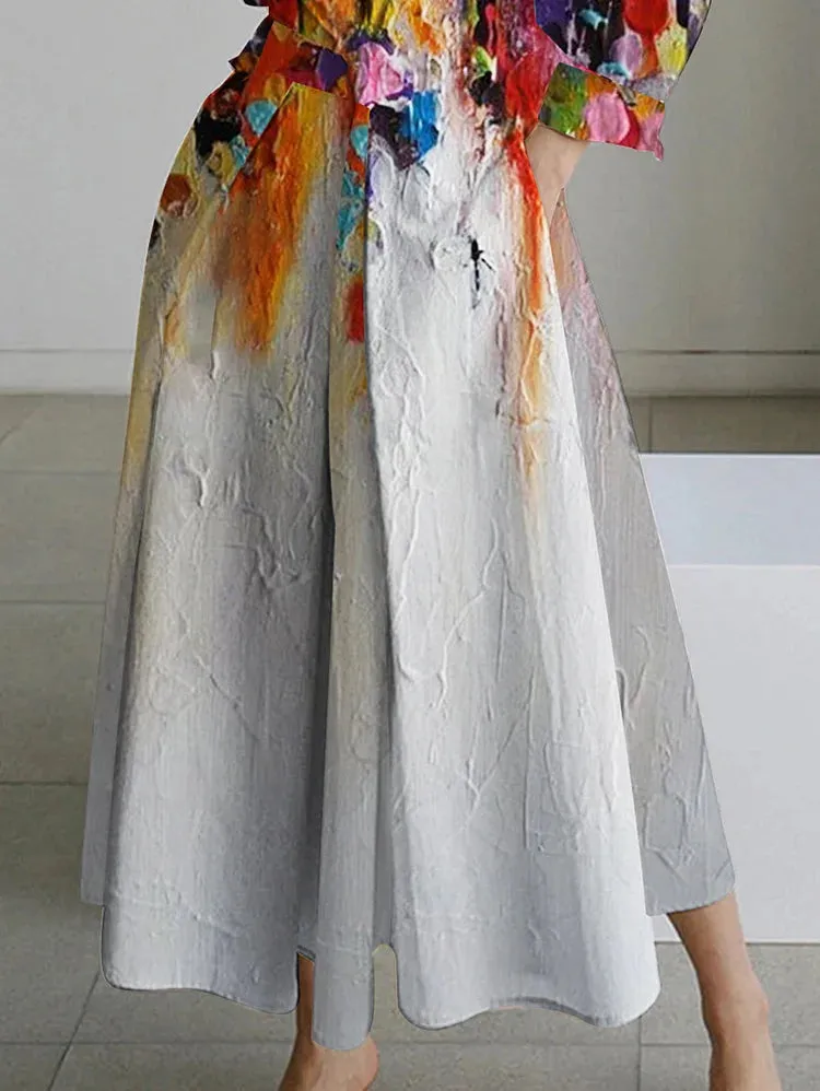 Elegant Lapel Oil Painting One Button Midi Dress