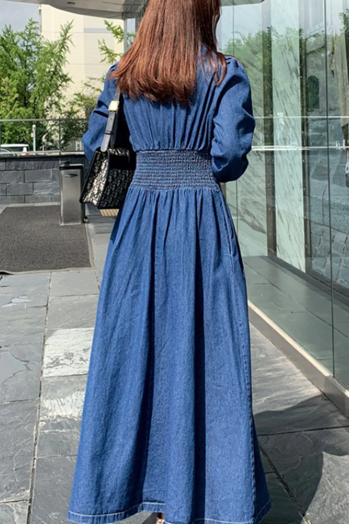 Elegant Suit Collar Long Sleeve Mid-Length Waist Slim Denim dress