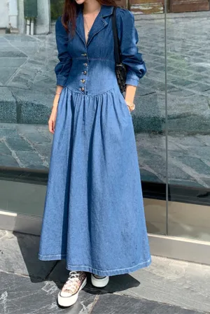 Elegant Suit Collar Long Sleeve Mid-Length Waist Slim Denim dress