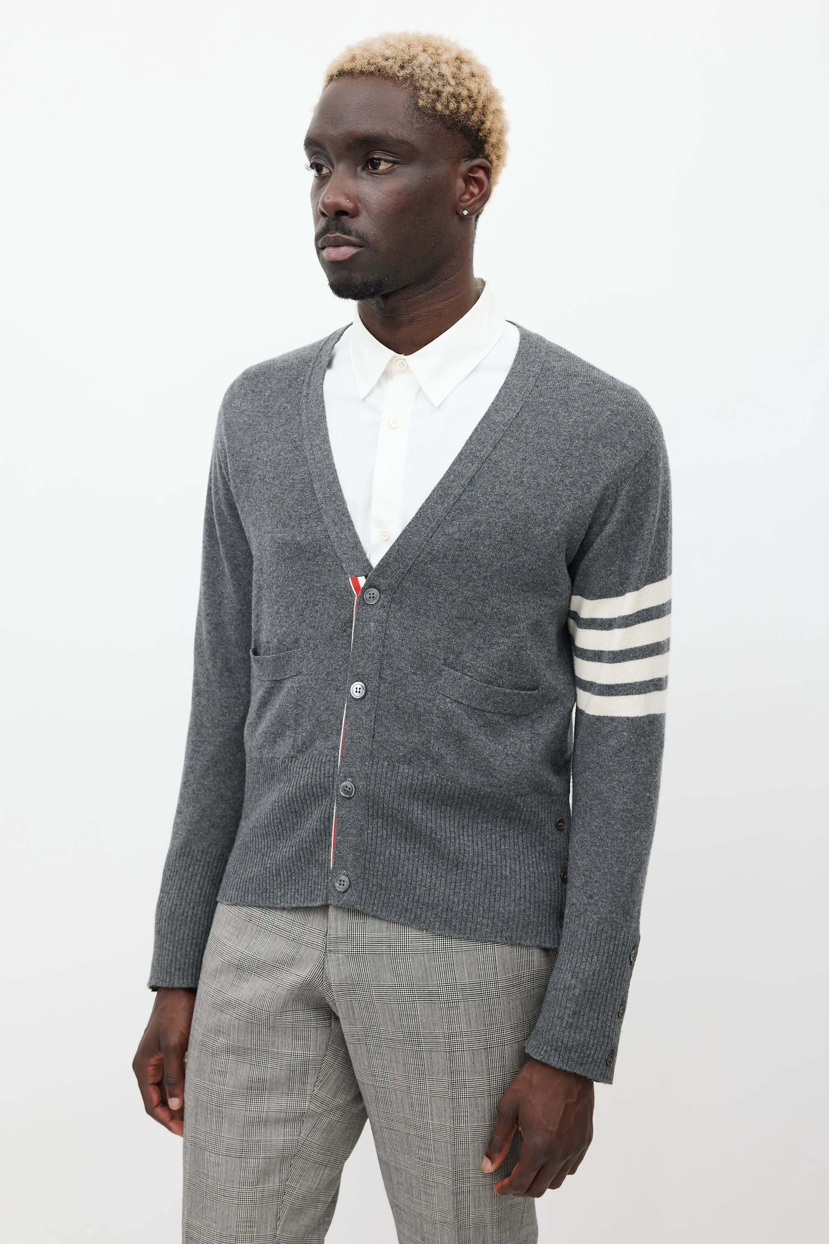 Grey & White Striped Cashmere Cardigan