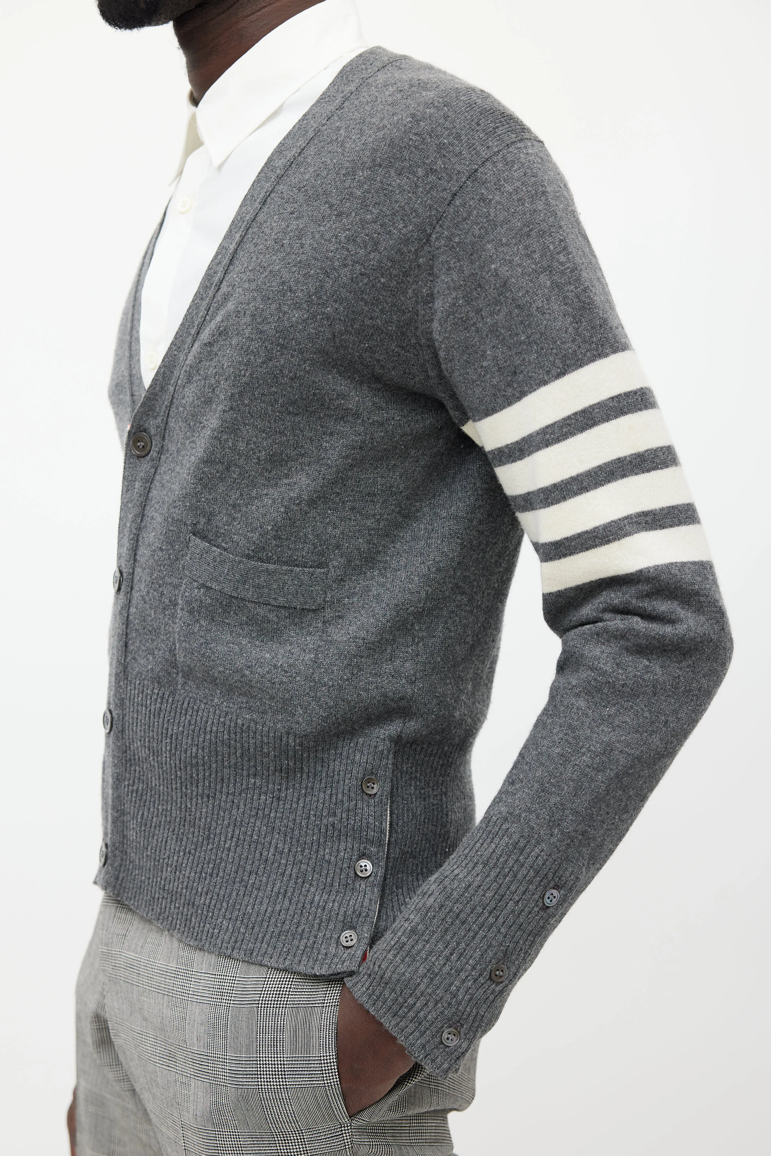 Grey & White Striped Cashmere Cardigan