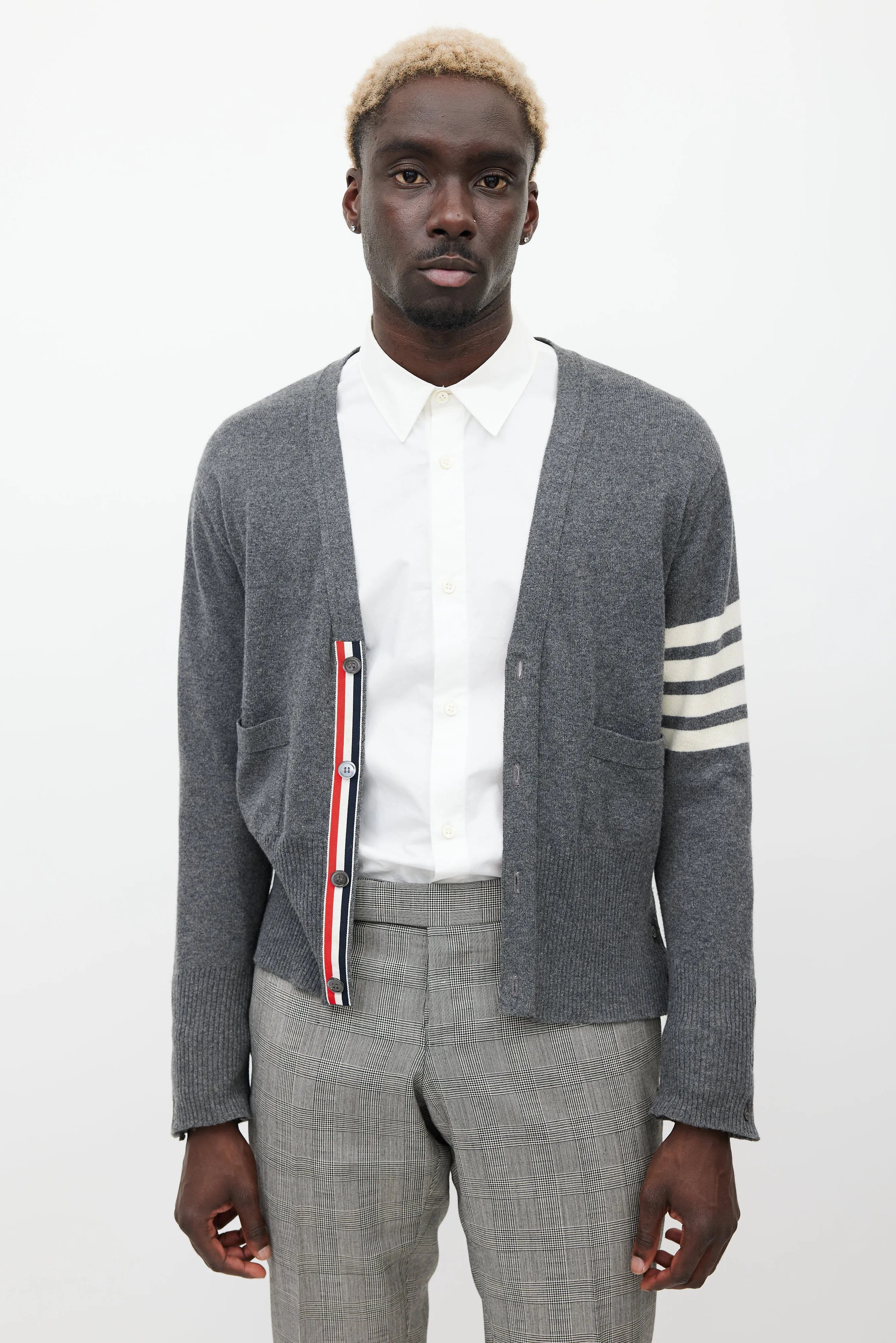 Grey & White Striped Cashmere Cardigan