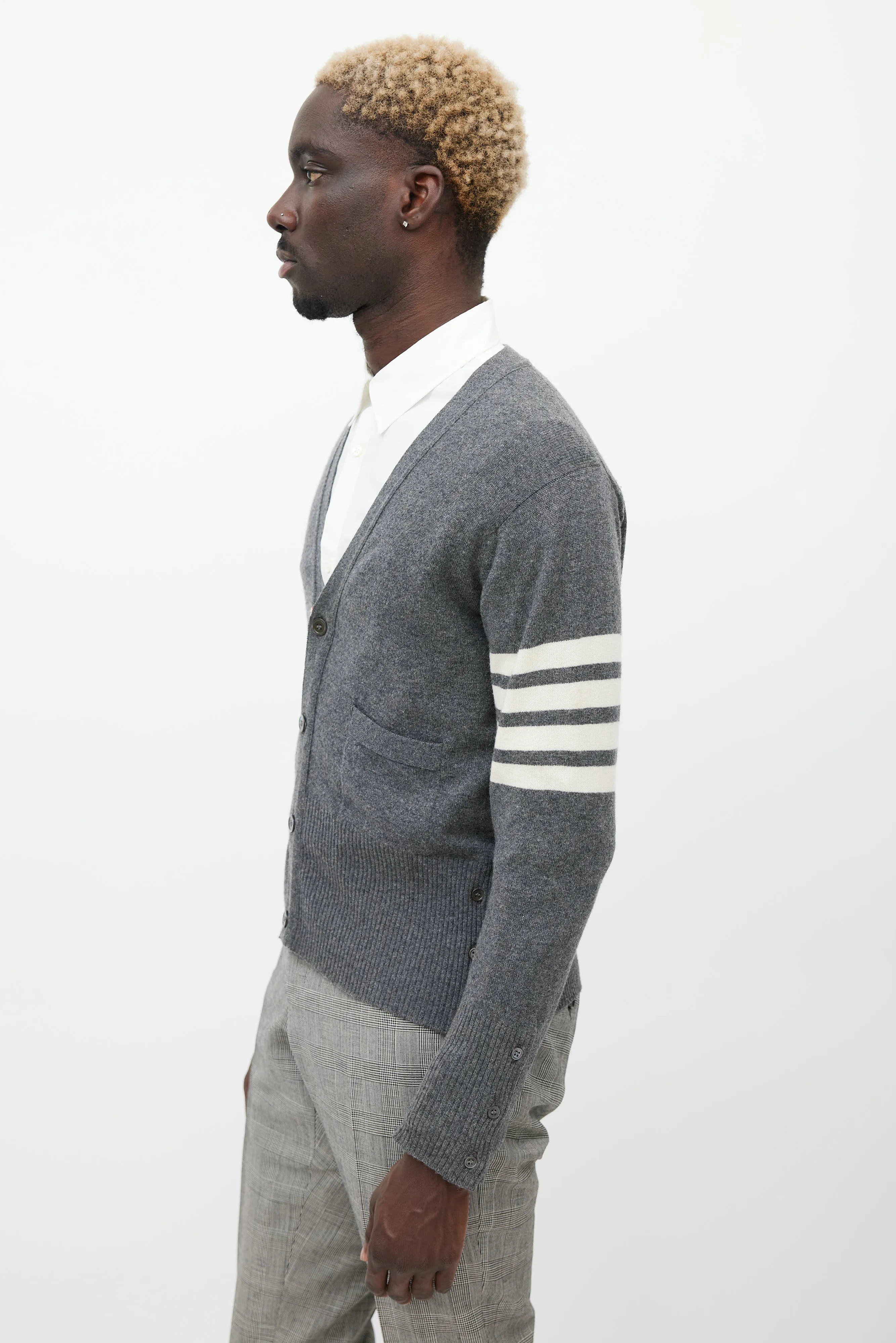 Grey & White Striped Cashmere Cardigan