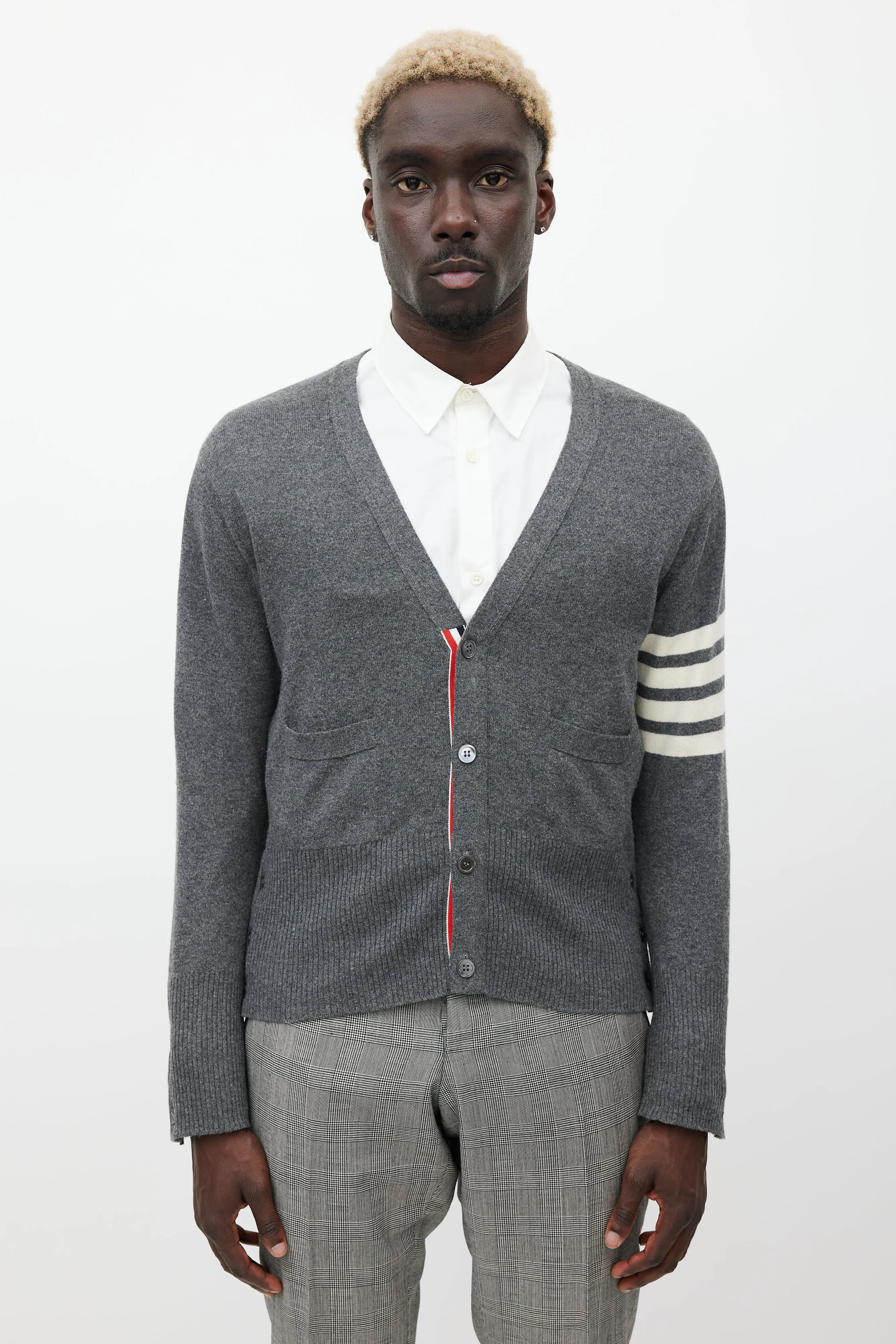 Grey & White Striped Cashmere Cardigan