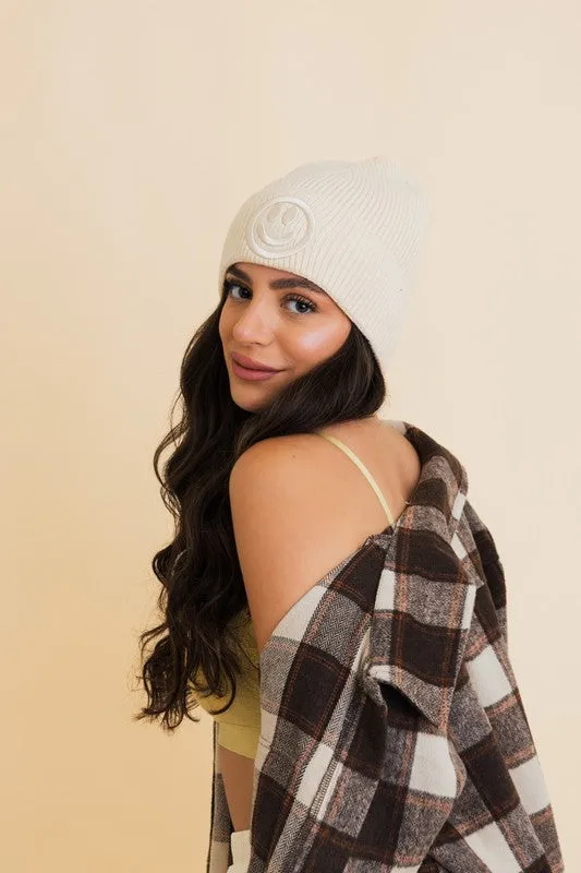 Happy Face Embroidered Ribbed Knit Beanie
