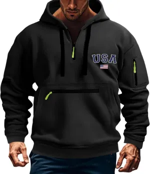 Hoodies for Men Quarter Zip Pullover Tactical Sweatshirt Vintage Long Sleeve Casual Fashion Hoodie With Pockets