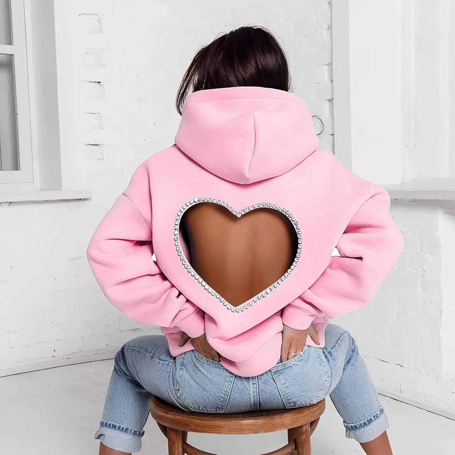 Hoodies for Women Diamonds Sweet Love Cutout Backless Sweatshirts Oversized Hooded Sweatshirt Casual Loose Pullover