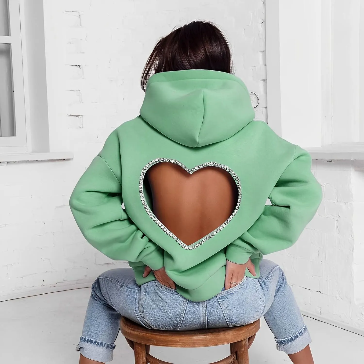 Hoodies for Women Diamonds Sweet Love Cutout Backless Sweatshirts Oversized Hooded Sweatshirt Casual Loose Pullover