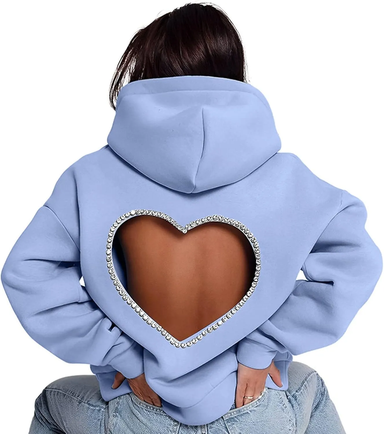 Hoodies for Women Diamonds Sweet Love Cutout Backless Sweatshirts Oversized Hooded Sweatshirt Casual Loose Pullover