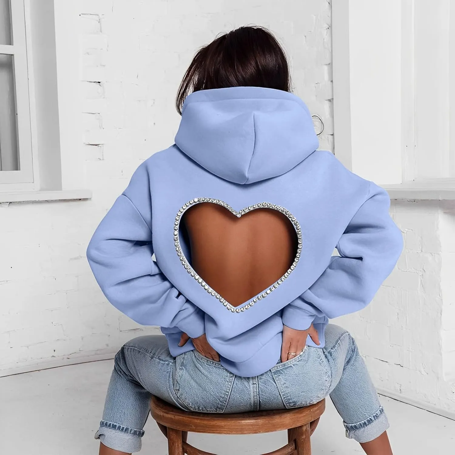 Hoodies for Women Diamonds Sweet Love Cutout Backless Sweatshirts Oversized Hooded Sweatshirt Casual Loose Pullover