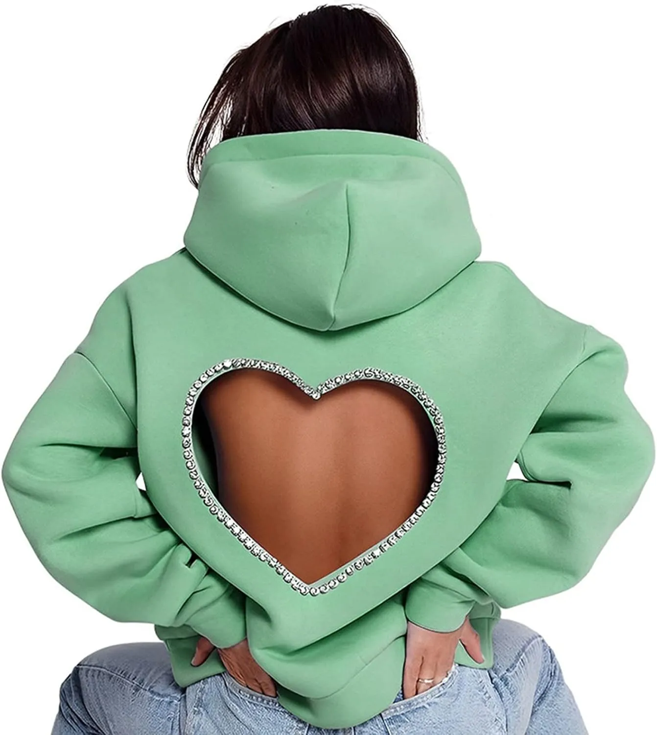 Hoodies for Women Diamonds Sweet Love Cutout Backless Sweatshirts Oversized Hooded Sweatshirt Casual Loose Pullover