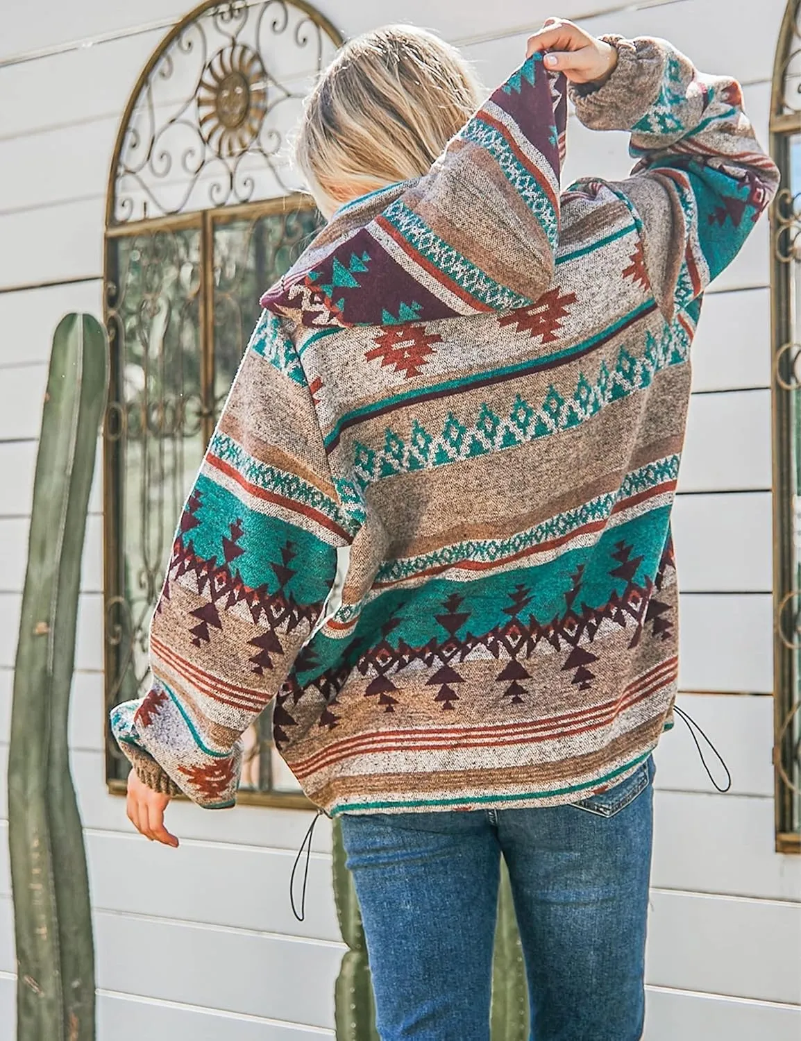Hotmiss Womens Aztec Half Zip Up Hoodies Sweatshirt Western Long Sleeve Oversized Ethnic Tribal Hooded Pullover Shirt Top