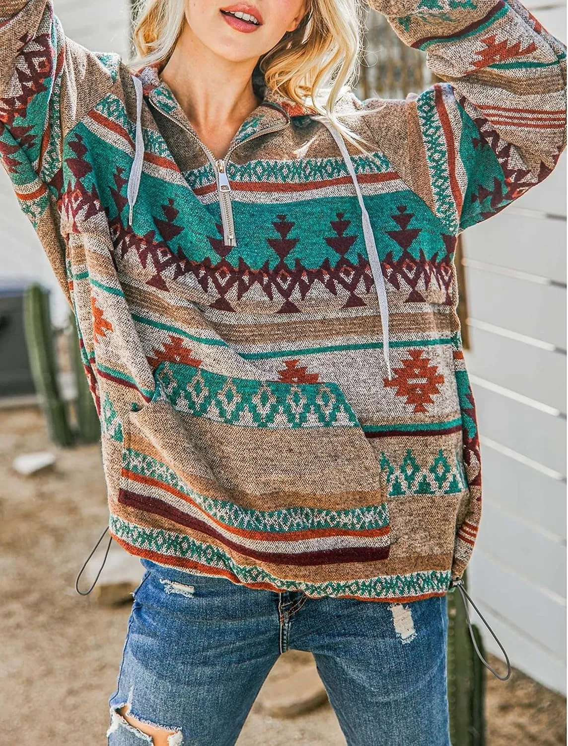 Hotmiss Womens Aztec Half Zip Up Hoodies Sweatshirt Western Long Sleeve Oversized Ethnic Tribal Hooded Pullover Shirt Top