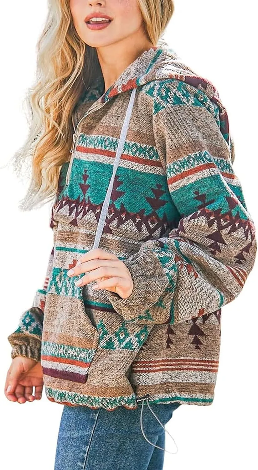 Hotmiss Womens Aztec Half Zip Up Hoodies Sweatshirt Western Long Sleeve Oversized Ethnic Tribal Hooded Pullover Shirt Top