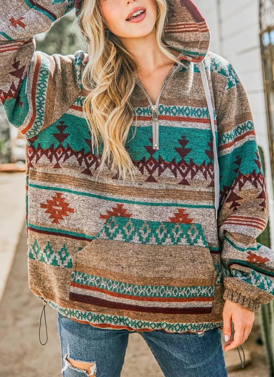 Hotmiss Womens Aztec Half Zip Up Hoodies Sweatshirt Western Long Sleeve Oversized Ethnic Tribal Hooded Pullover Shirt Top