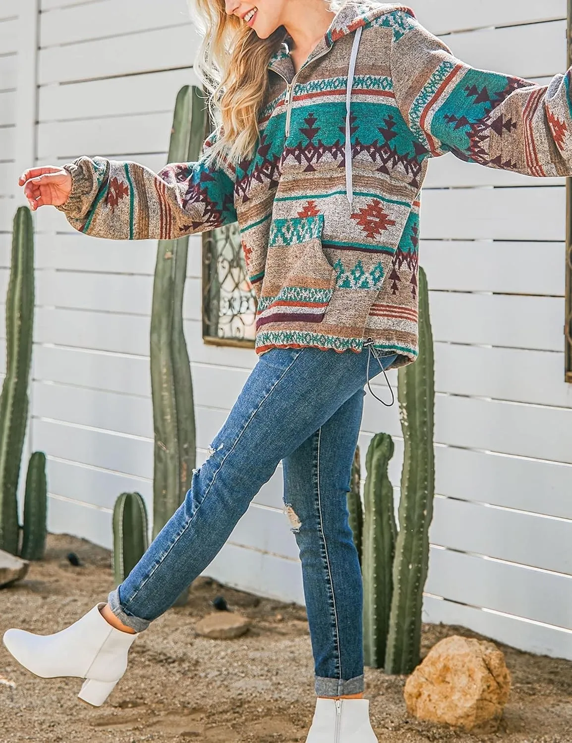 Hotmiss Womens Aztec Half Zip Up Hoodies Sweatshirt Western Long Sleeve Oversized Ethnic Tribal Hooded Pullover Shirt Top