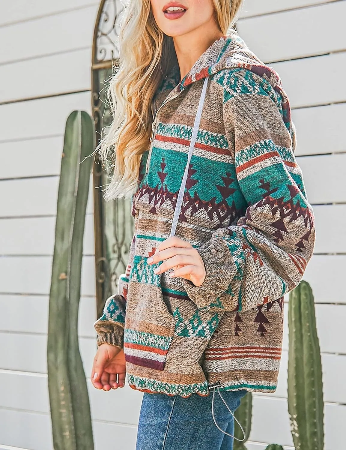 Hotmiss Womens Aztec Half Zip Up Hoodies Sweatshirt Western Long Sleeve Oversized Ethnic Tribal Hooded Pullover Shirt Top
