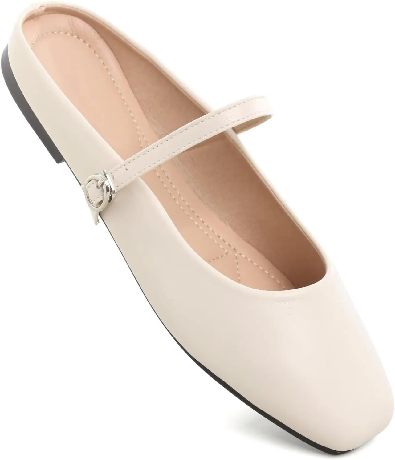 HuangTaiJi Qing Women Fashion Mary Janes Shoes Ankle Buckle Square Toe Female Comfortable Casual Flats Shoes Soft Walking Dressy Work Ballerina Flats