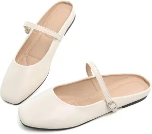 HuangTaiJi Qing Women Fashion Mary Janes Shoes Ankle Buckle Square Toe Female Comfortable Casual Flats Shoes Soft Walking Dressy Work Ballerina Flats