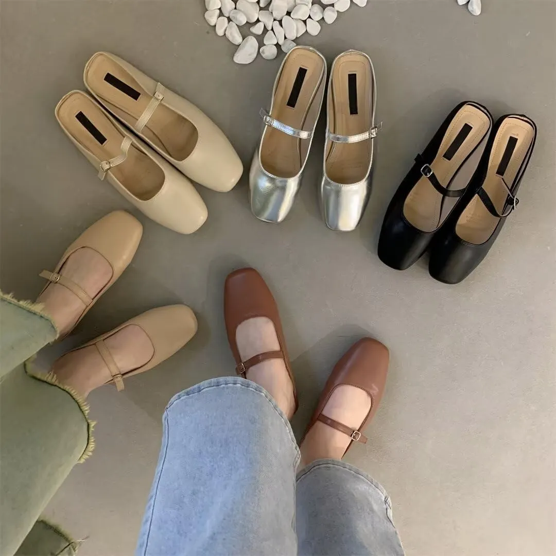 HuangTaiJi Qing Women Fashion Mary Janes Shoes Ankle Buckle Square Toe Female Comfortable Casual Flats Shoes Soft Walking Dressy Work Ballerina Flats