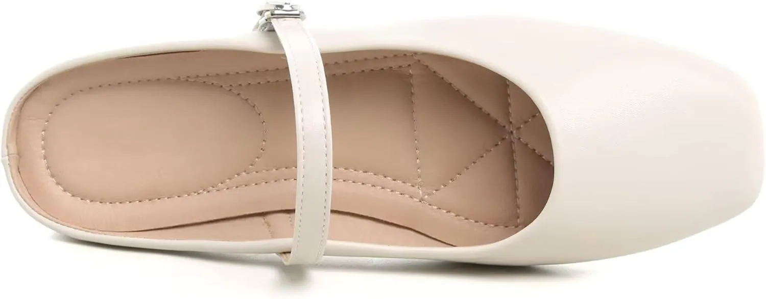 HuangTaiJi Qing Women Fashion Mary Janes Shoes Ankle Buckle Square Toe Female Comfortable Casual Flats Shoes Soft Walking Dressy Work Ballerina Flats