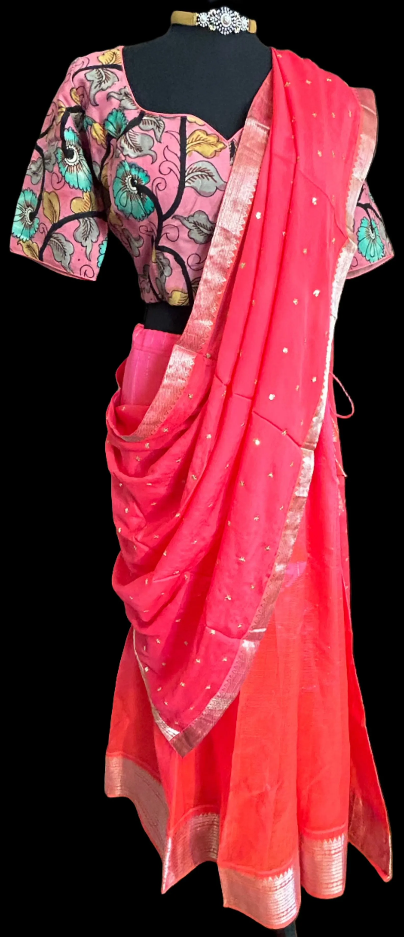 Irange Pure Mangalagiri Silk Lehenga hand painted kalamkari blouse with Dupatta