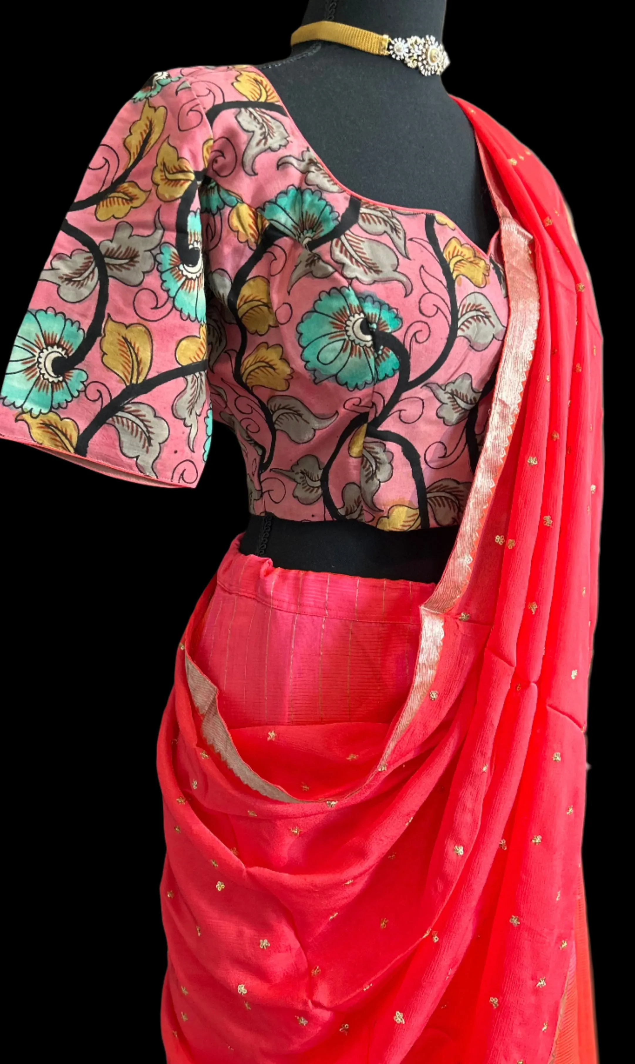 Irange Pure Mangalagiri Silk Lehenga hand painted kalamkari blouse with Dupatta