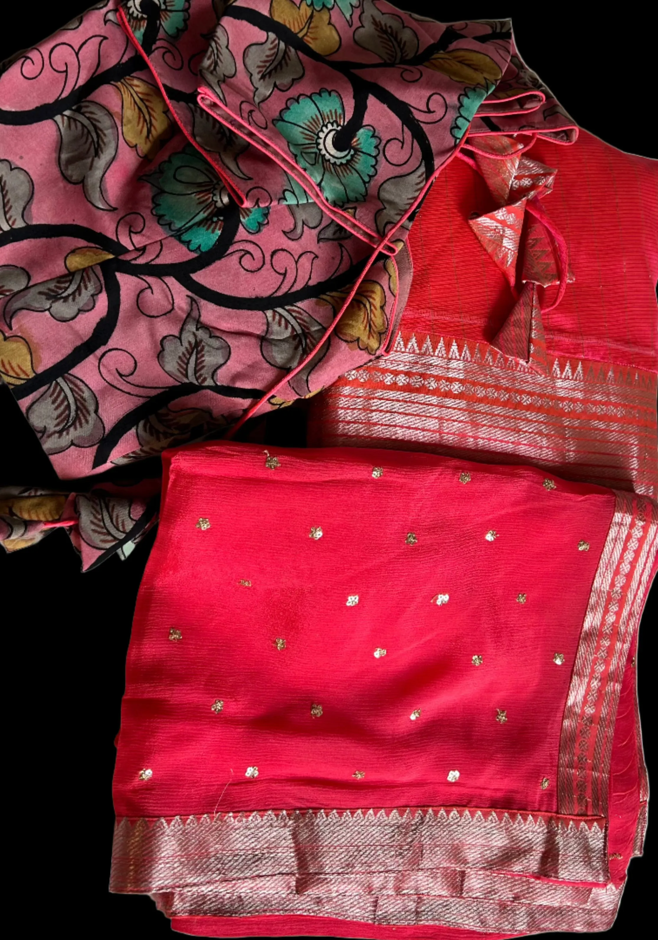 Irange Pure Mangalagiri Silk Lehenga hand painted kalamkari blouse with Dupatta