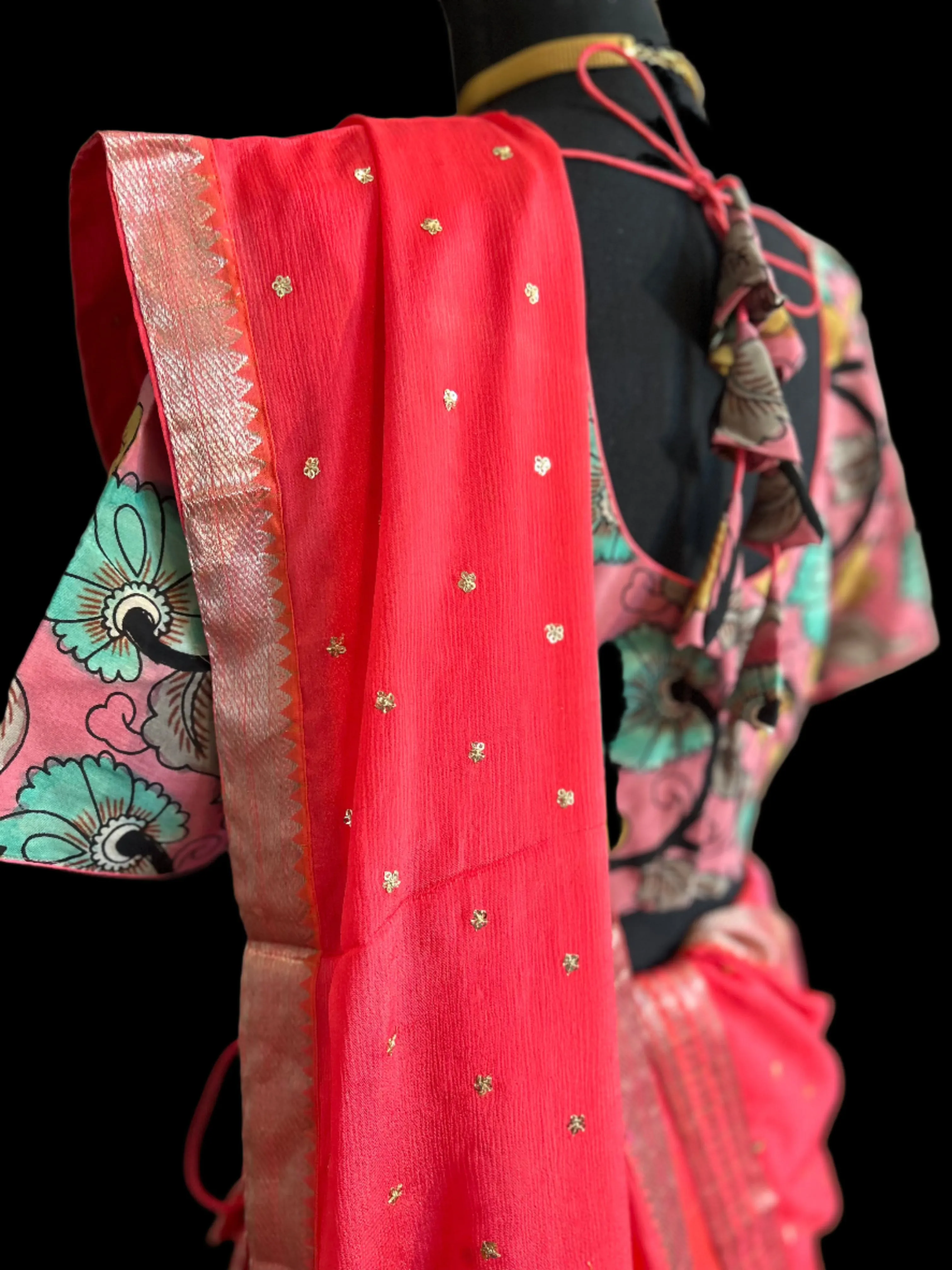 Irange Pure Mangalagiri Silk Lehenga hand painted kalamkari blouse with Dupatta