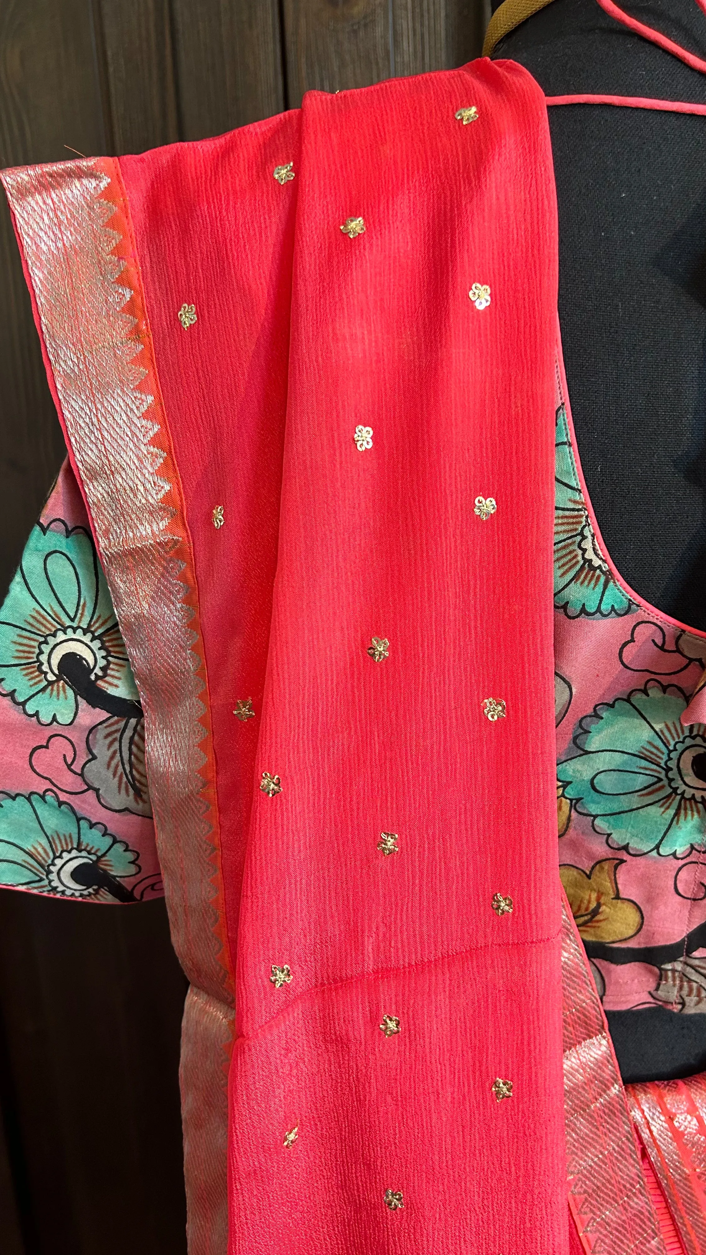 Irange Pure Mangalagiri Silk Lehenga hand painted kalamkari blouse with Dupatta