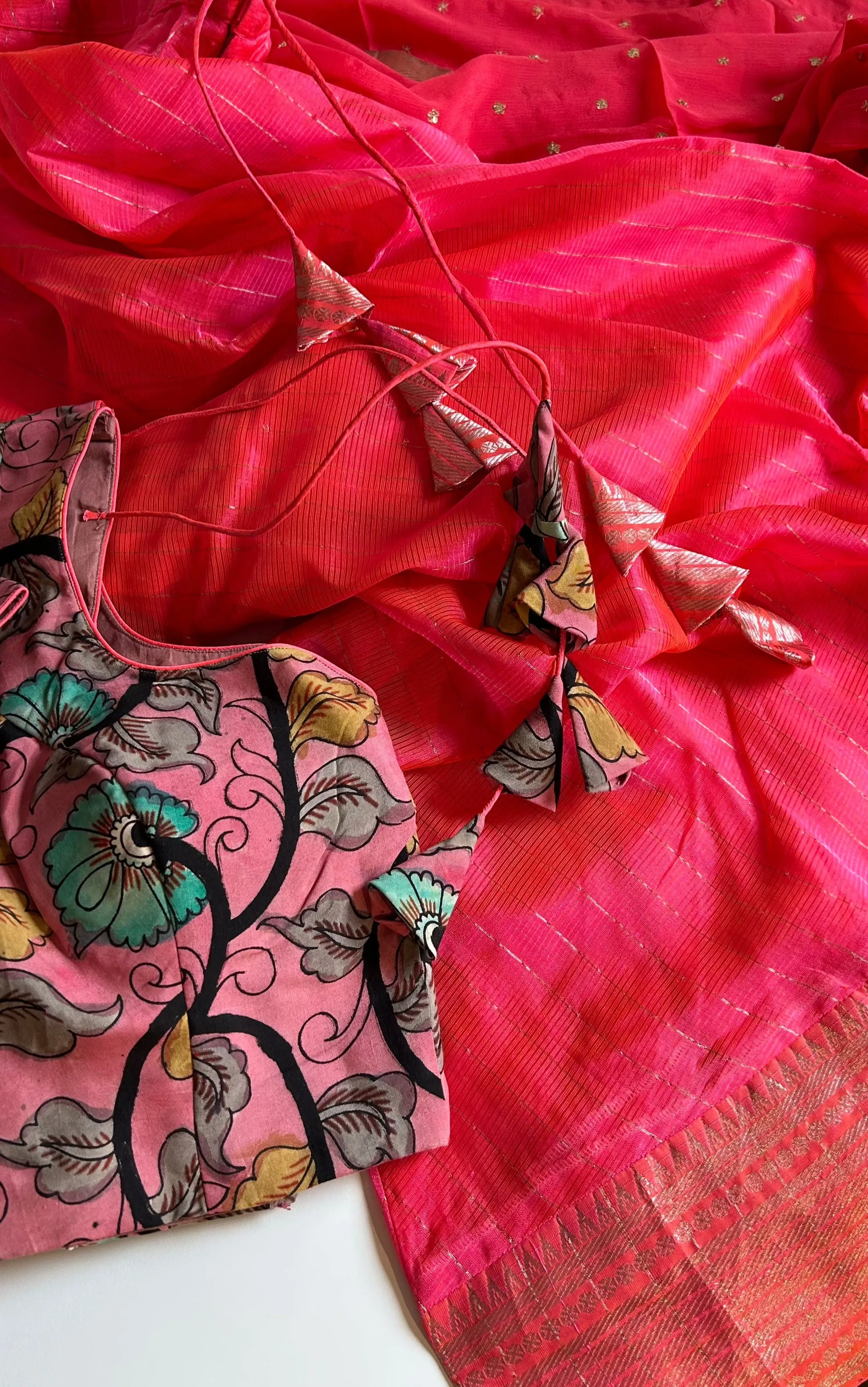 Irange Pure Mangalagiri Silk Lehenga hand painted kalamkari blouse with Dupatta
