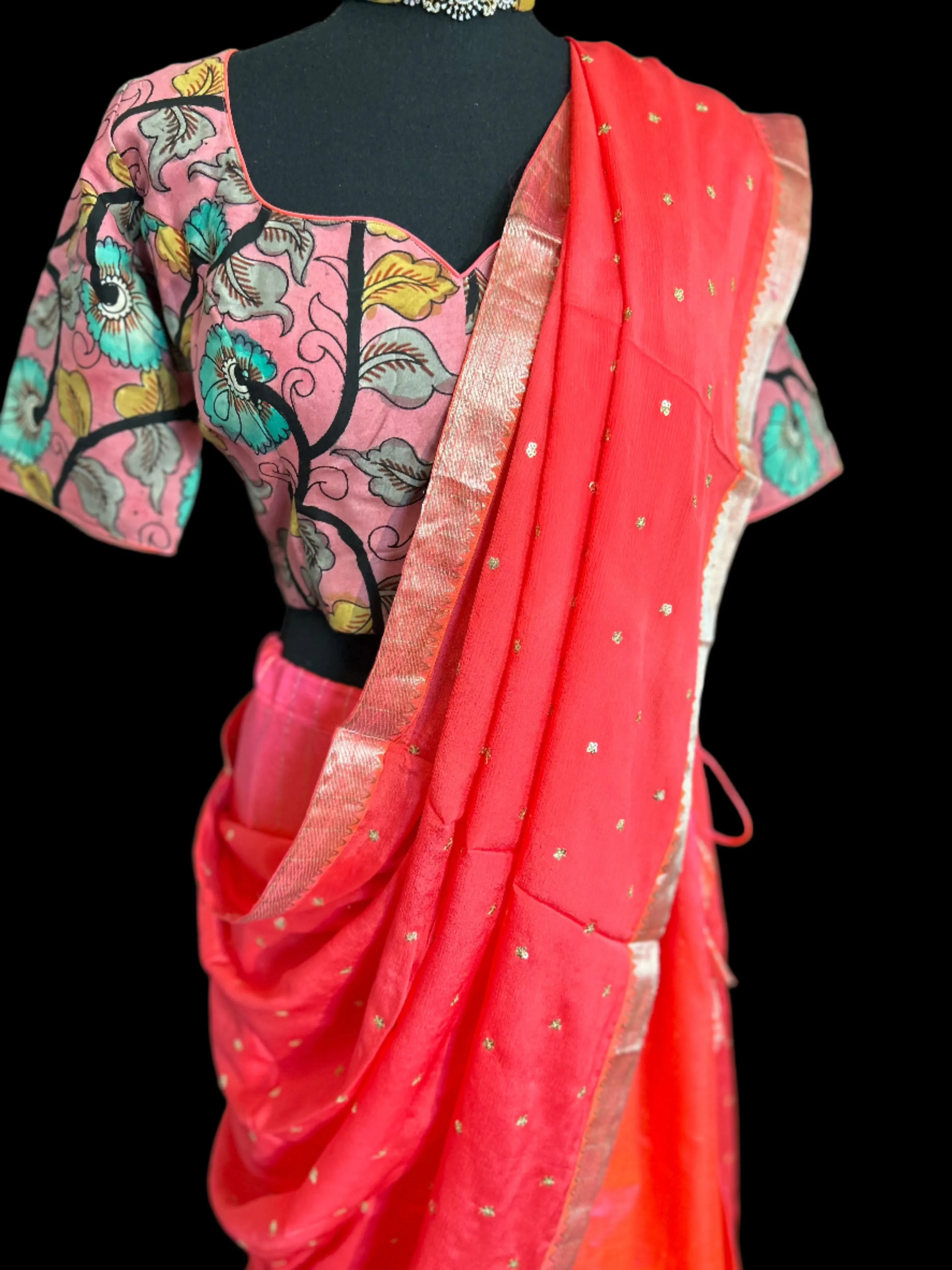Irange Pure Mangalagiri Silk Lehenga hand painted kalamkari blouse with Dupatta