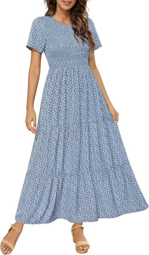Maggeer Womens 2025 Spring Summer Smocked Wedding Guest Maxi Dress Casual Short Sleeve Floral Boho Flowy Long Dress