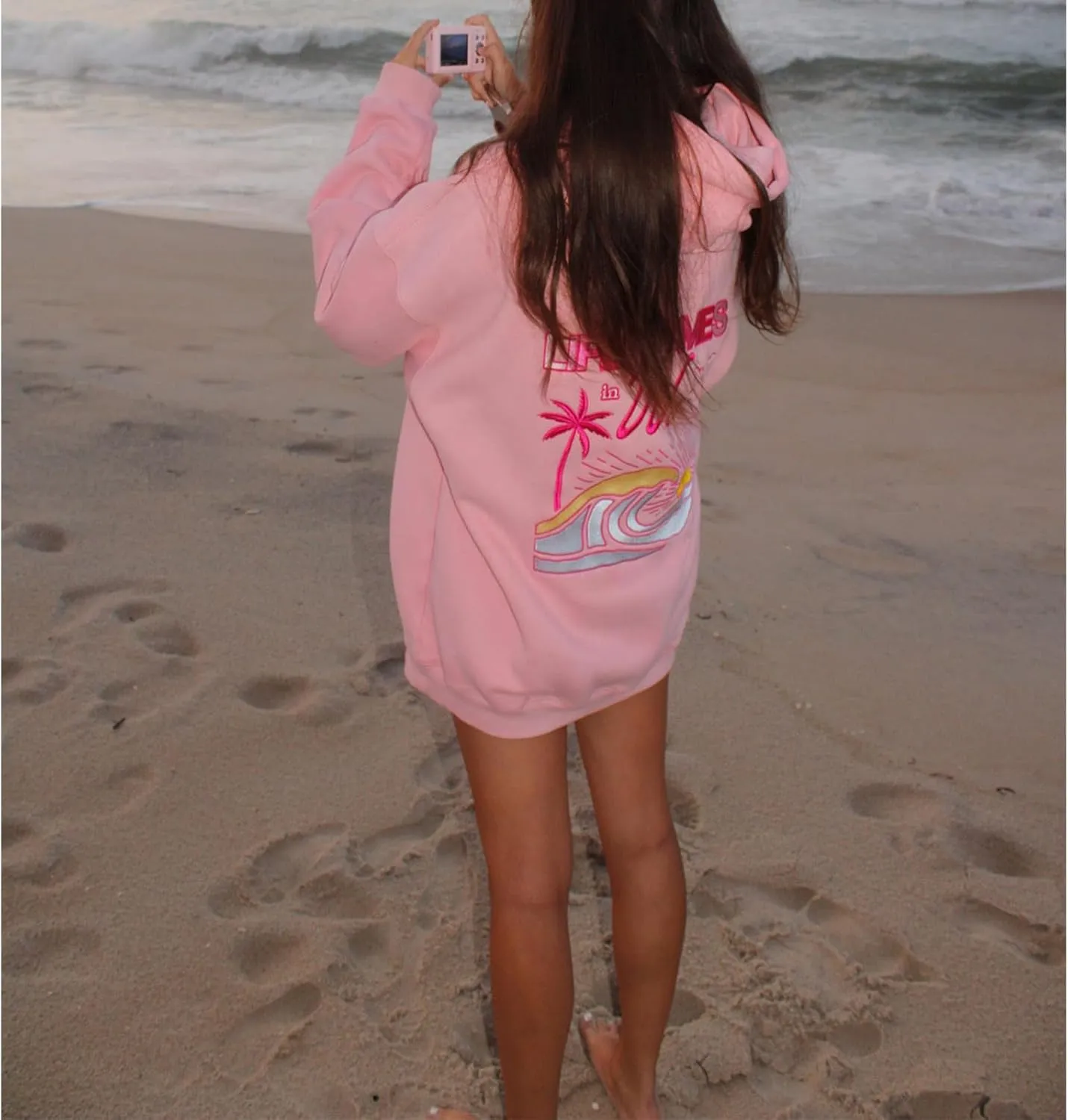 Meiweileya Womens Y2k Oversized Graphic Flower Printed Preppy Hoodies Palm Letter Aesthetics Jacket