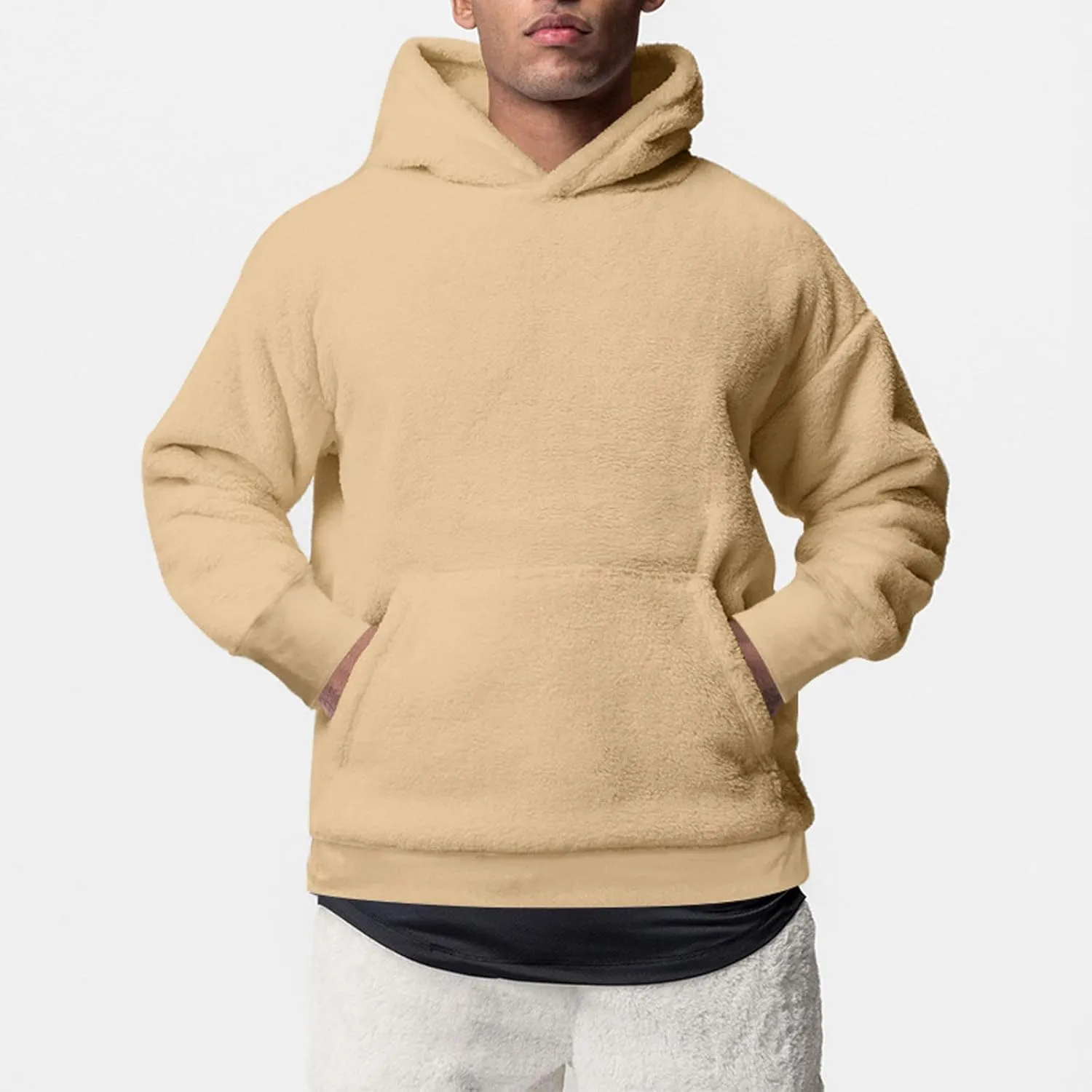 Men's Big and Tall Hoodie Winter Warm Long Sleeve Hooded Sweatshirt Solid Color Athletic Workout Pullover Tops