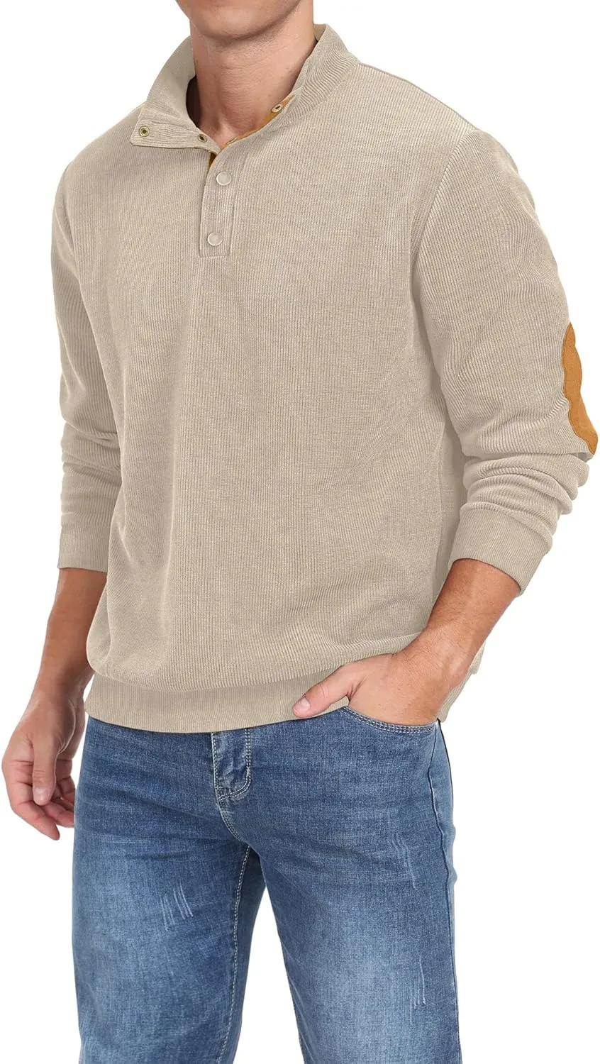 Mens Casual Corduroy Sweatshirt Long Sleeve Stand Collar 1/4 Button Up Pullover Fall Polo Sweaters