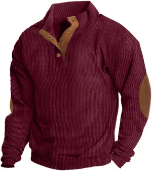 Mens Casual Corduroy Sweatshirt Long Sleeve Stand Collar 1/4 Button Up Pullover Fall Polo Sweaters