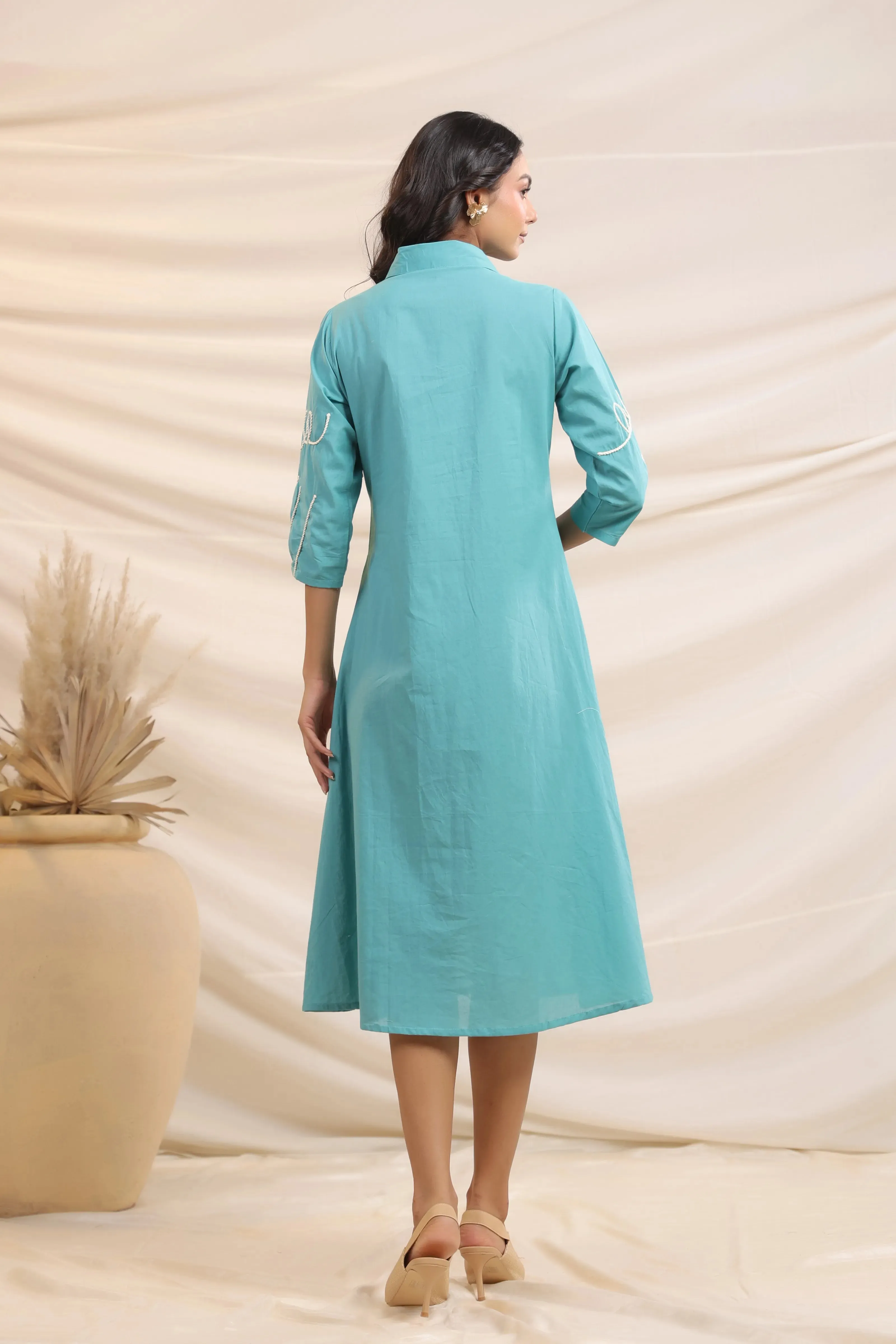 Middle Blue Abstract Cord Work Midi Dress in Cotton Cambric