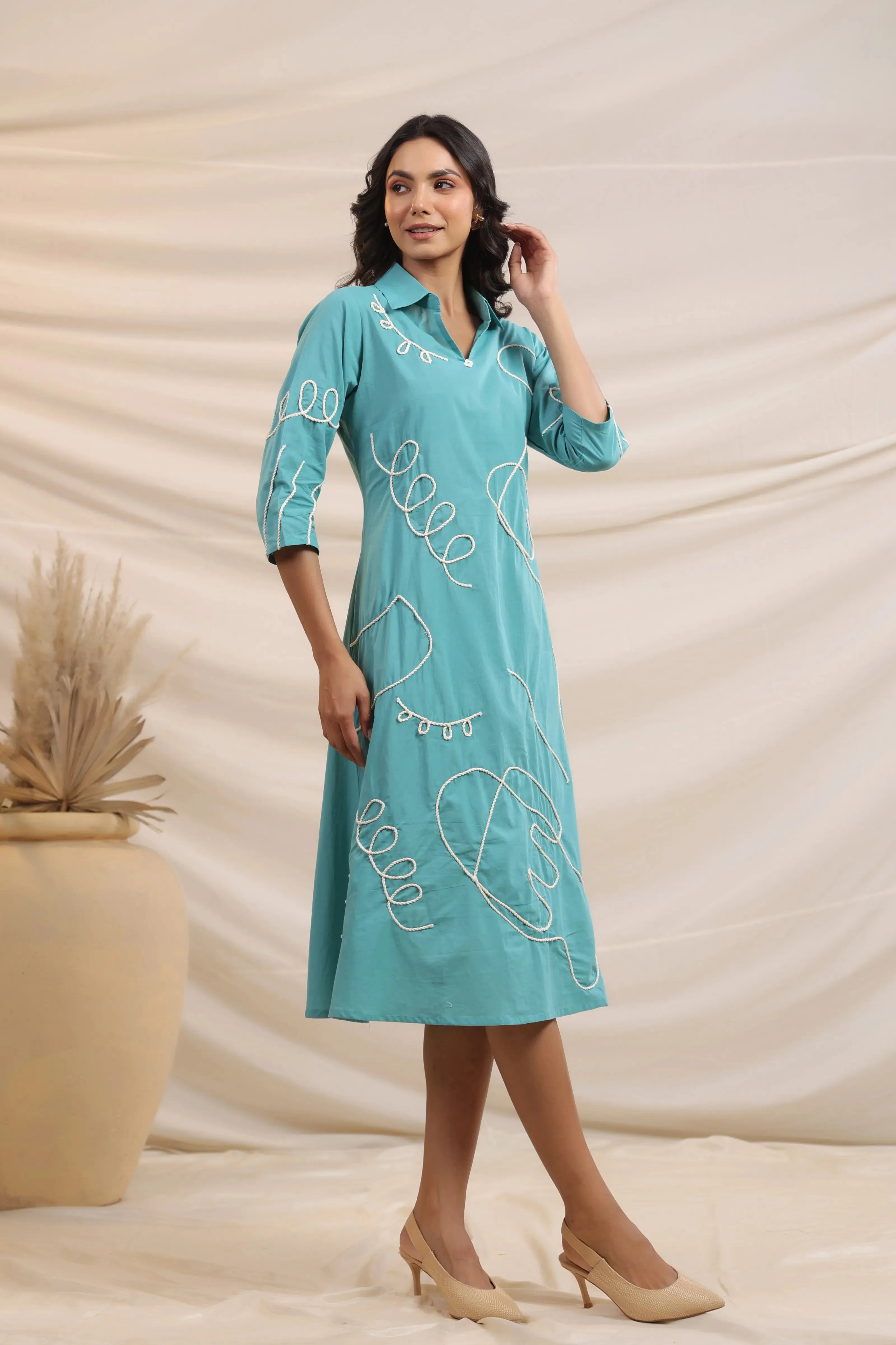 Middle Blue Abstract Cord Work Midi Dress in Cotton Cambric