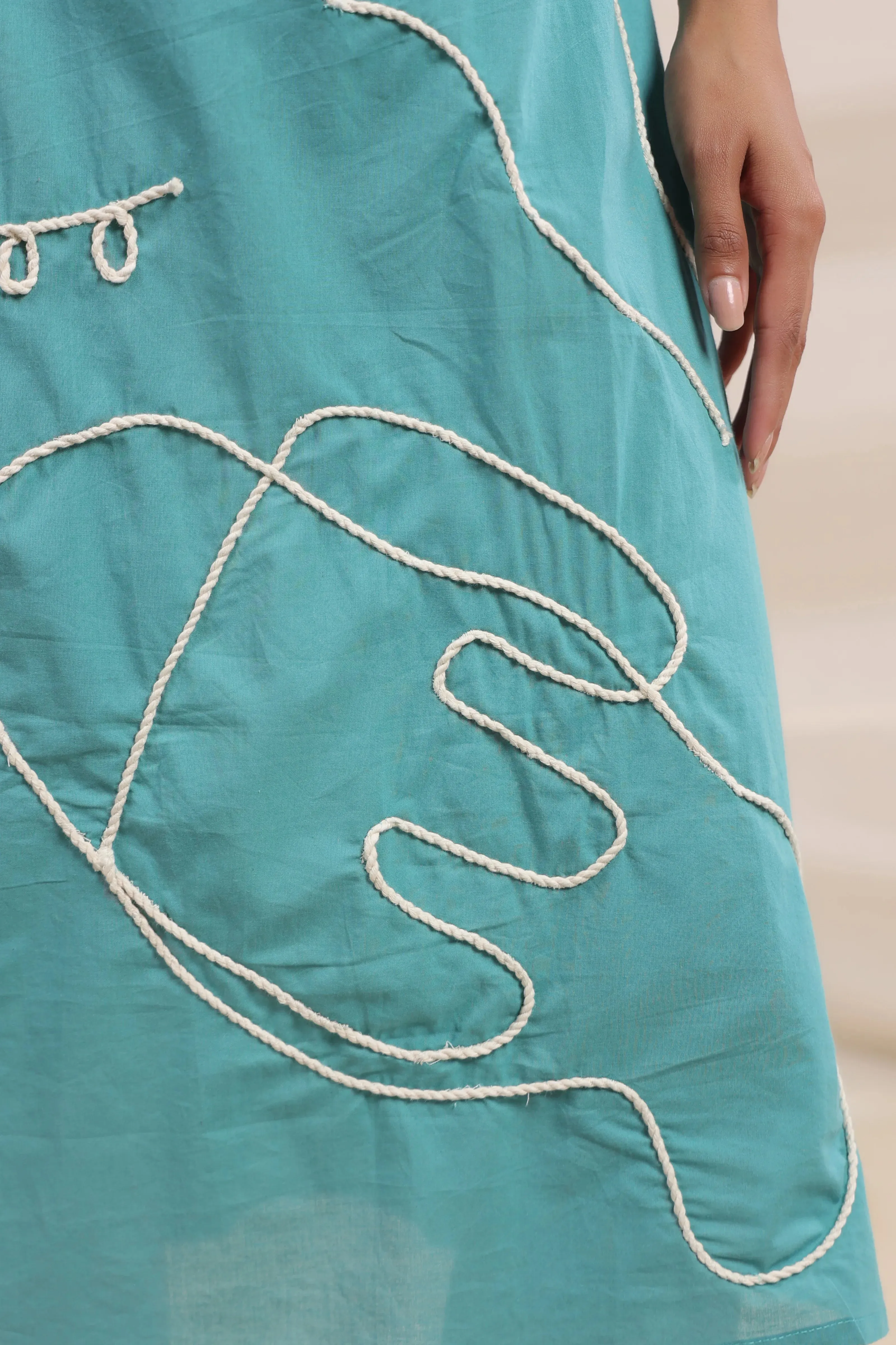 Middle Blue Abstract Cord Work Midi Dress in Cotton Cambric