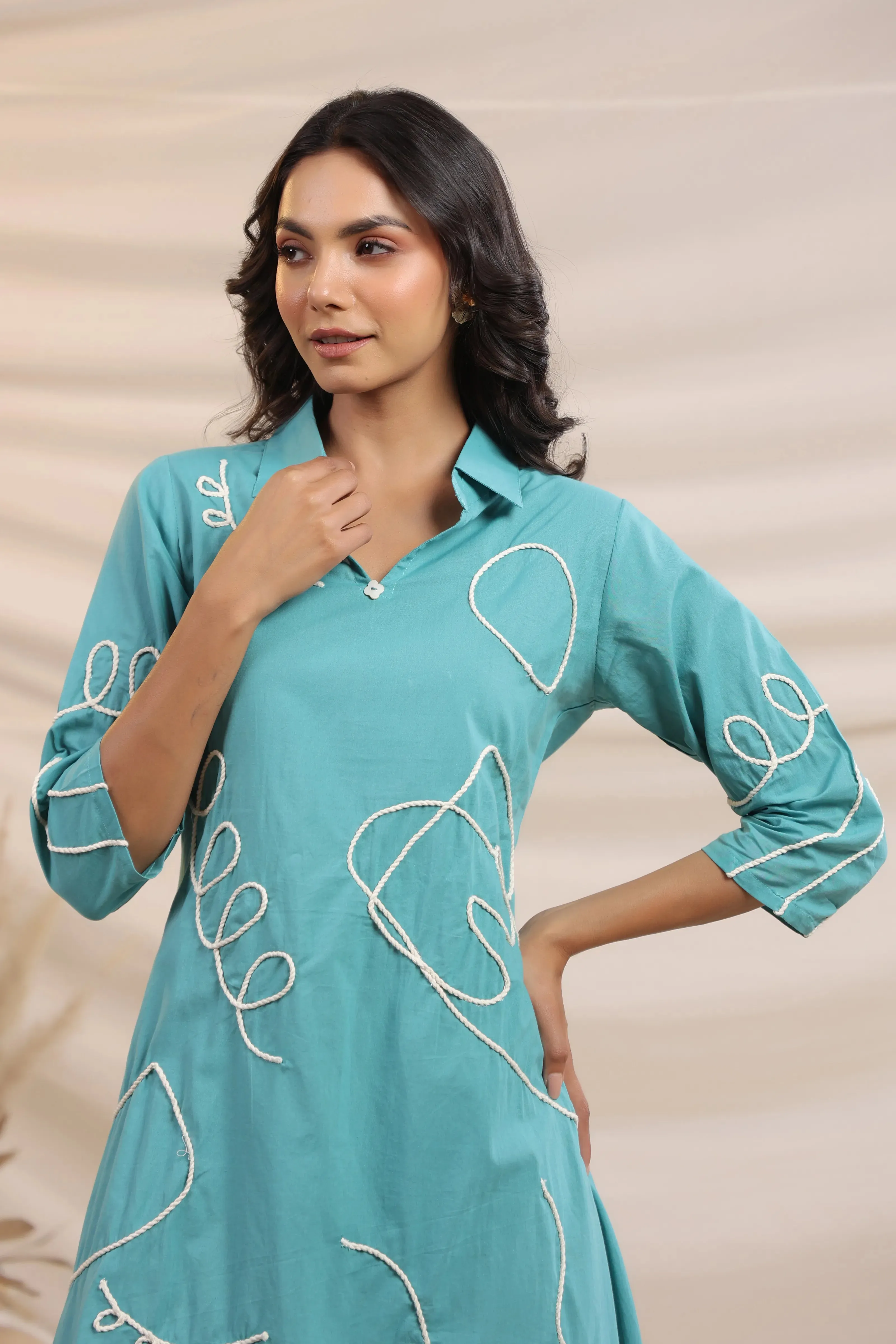 Middle Blue Abstract Cord Work Midi Dress in Cotton Cambric