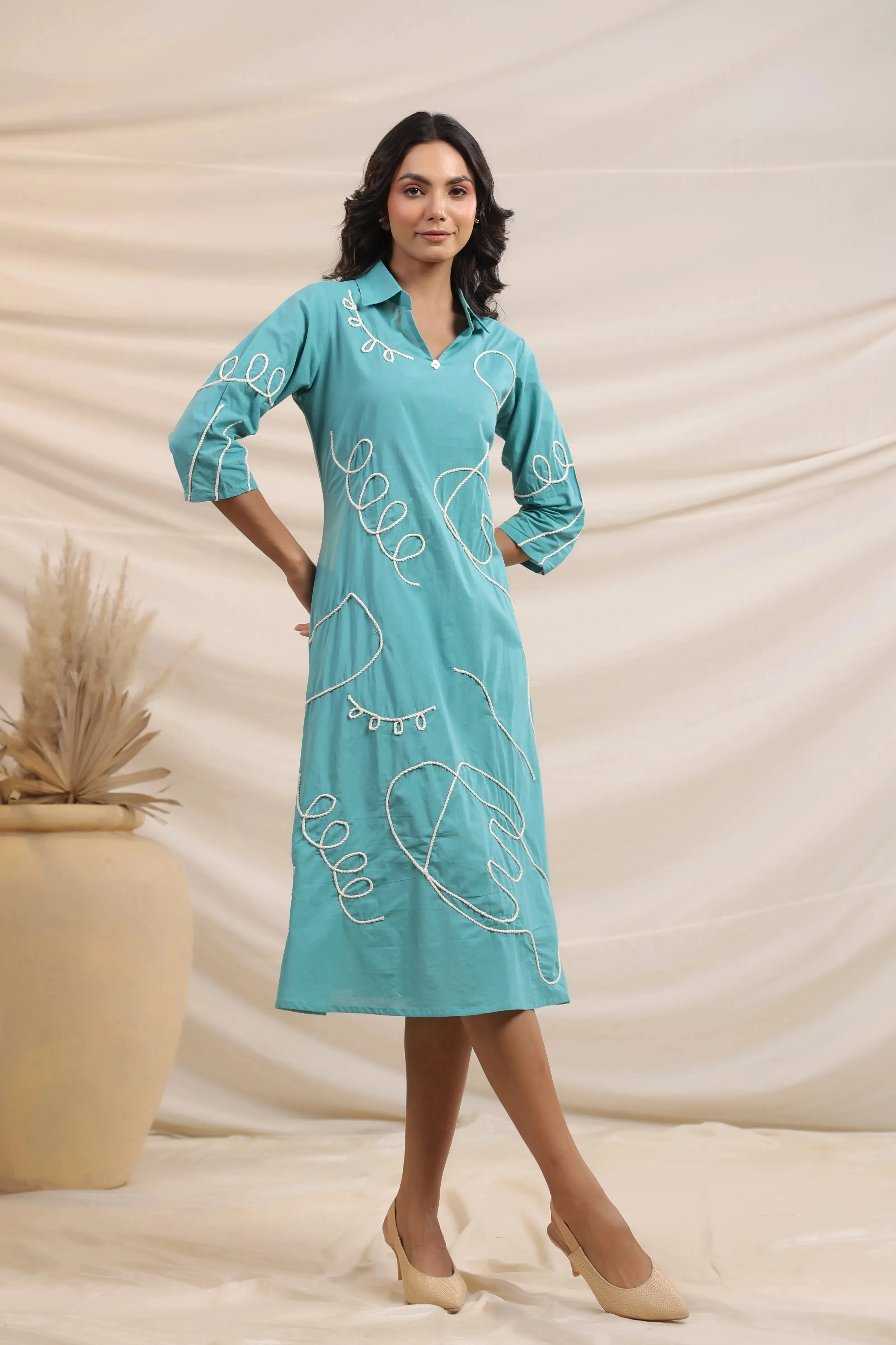 Middle Blue Abstract Cord Work Midi Dress in Cotton Cambric