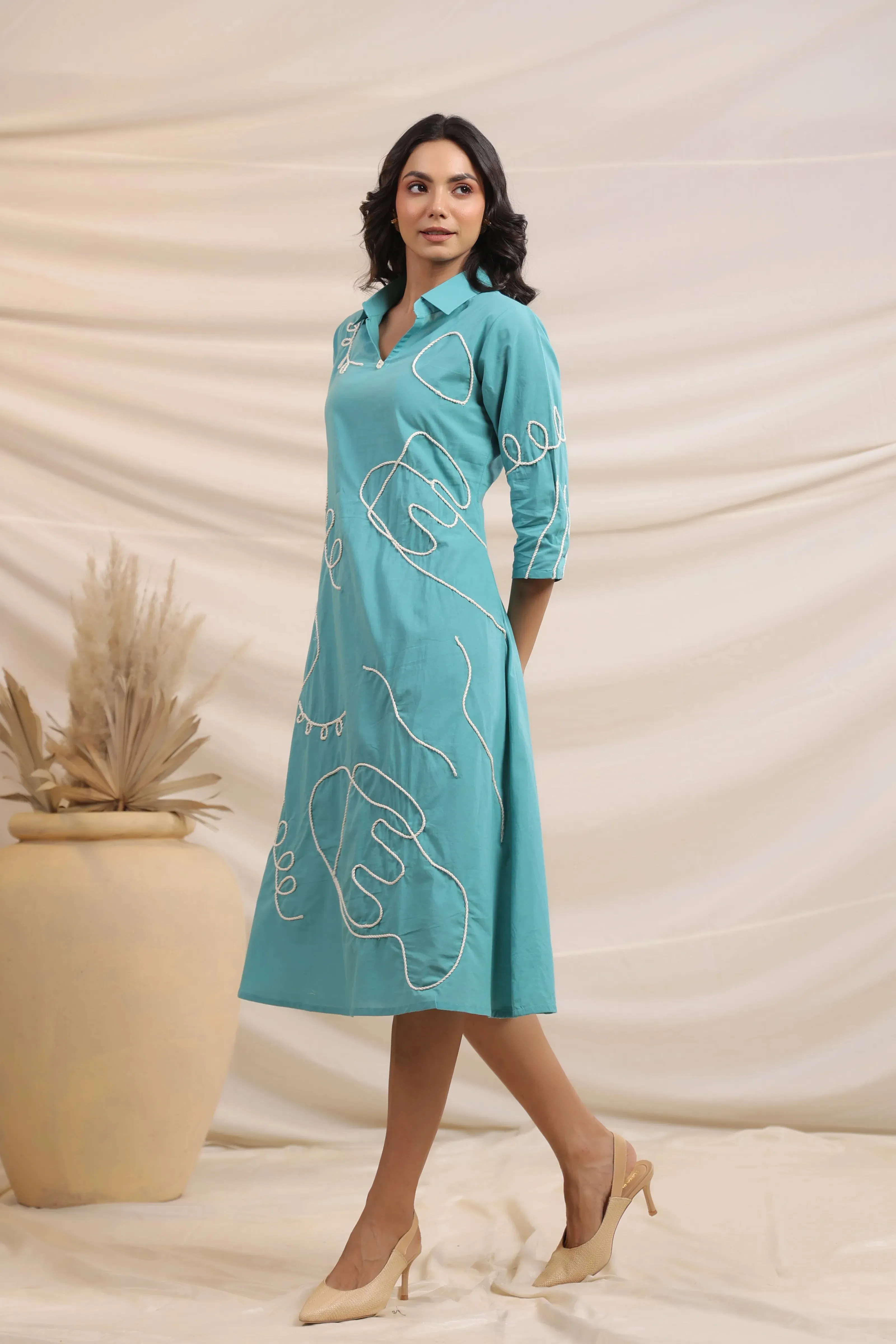 Middle Blue Abstract Cord Work Midi Dress in Cotton Cambric